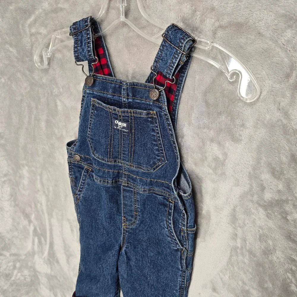OshKosh B'gosh Overalls Toddler 3T Blue Denim Red Buffalo Plaid Lined Farm